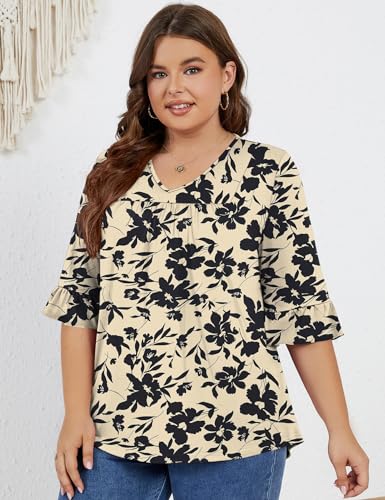 Micoson Womens Dressy Tops Plus Size Casual 3/4 Sleeves Loose Tunic Tops V Neck Pleated Front Plain Work Blouses Shirt, Green XL