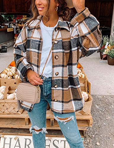 Yeokou Womens Fall Flannel Plaid Shacket Jacket Wool Blend Button Down Shirt Coat Tops(#2 Yellow-M)