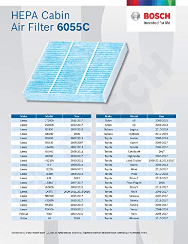 BOSCH 6055C HEPA Cabin Air Filter - Compatible With Select Lexus ES, GS, GX, IS, LS, RX, Subaru Legacy, Outback, Toyota 4Runner, Camry, Corolla, Highlander, Prius, RAV4, Sequoia, Sienna, Tundra +More
