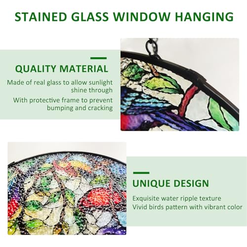 Huyfoig Cheerful Hummingbird Stained Glass Window Hanging, Birds on Branch Garden Suncatchers for Yard, Kitchen, Living Room, Hummingbird Gifts for Mom Grandma Teacher (Five Birds, 5.9"/15cm)