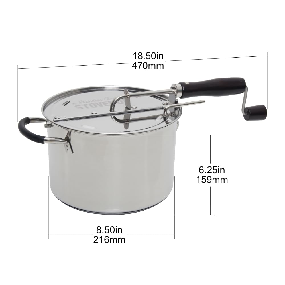 StovePop Stainless Steel Popcorn Popper - Gearless Hand Crank, Magnetic Lid, 6 Qt - Induction Range Compatible