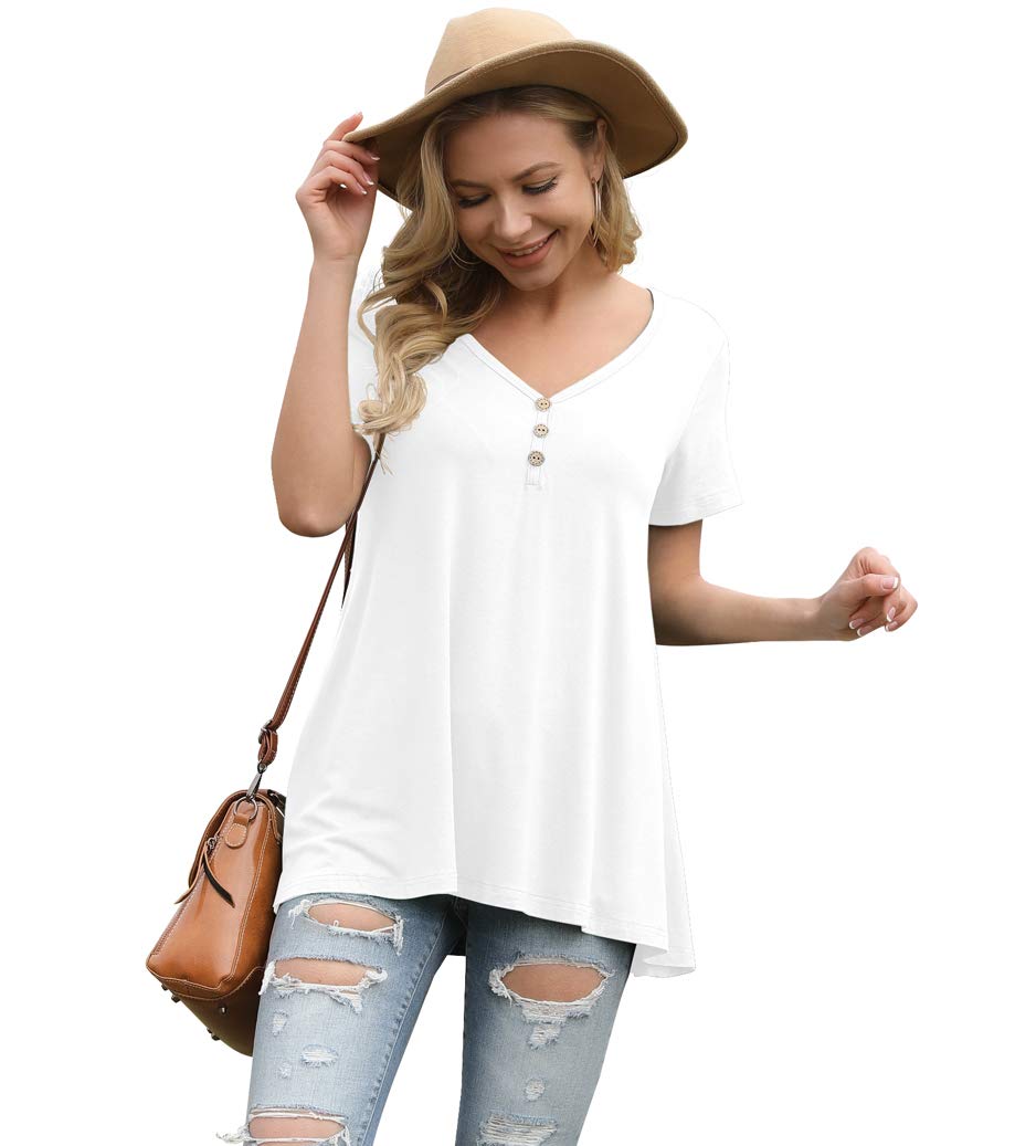 AWULIFFAN Womens Summer Short Sleeve Tunic Tops Loose Fit Casual T-Shirt Button Up Blouses(White,Large)