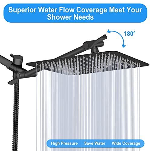 Shower Head, Kaqinu 8'' High Pressure Rainfall Shower Head/Handheld Showerhead Combo with 11” Extension Arm, Anti-leak Shower Head with Holder/Hose, Flow Regulator - Matt Black
