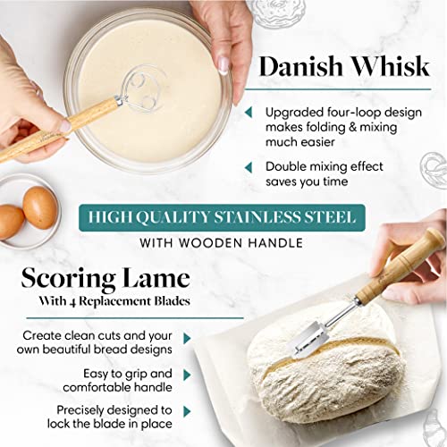 Banneton Bread Proofing Basket Set, 9 Inch Round & 10 Inch Oval Banneton Basket & Sourdough Bread Baking Supplies, with Danish Dough Whisk, Silicone Bread Sling, Linen Liner, Bread Lame, Bowl Scraper