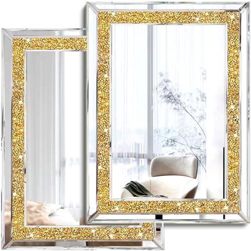 XIHACTY 2 Piece Wall Mirrors, Crush Diamond Wall Decor, Gold Color Decorative Mirrors for Living Room, Bedroom, Bathroom. (11'x15')