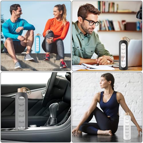 PROBTTL 25 oz Glass Water Bottles - Time Marker Motivational Borosilicate Glass Water Bottle With Silicone Sleeve and Bamboo Lid, Leak Proof, Reusable, BPA Free (Black)