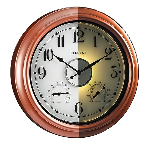CLXEAST 18 Inch Illuminated Outdoor Indoor Clocks with Smart Sensor,Modern Farmhouse Lighted Wall Clock with Temperature and Humidity for Patio, Garden Decor,Copper/Rose Gold Finish
