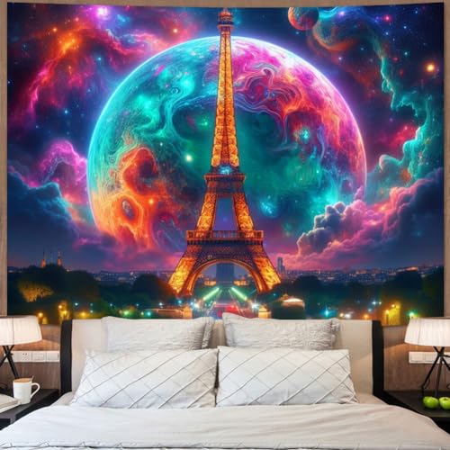 Trippy Planet Tapestry Paris Eiffel Tower Tapestry Galaxy Space Tapestry Magical Neon Starry Stars Wall Tapestry Aesthetic City Landscape Wall Hanging for Living Room