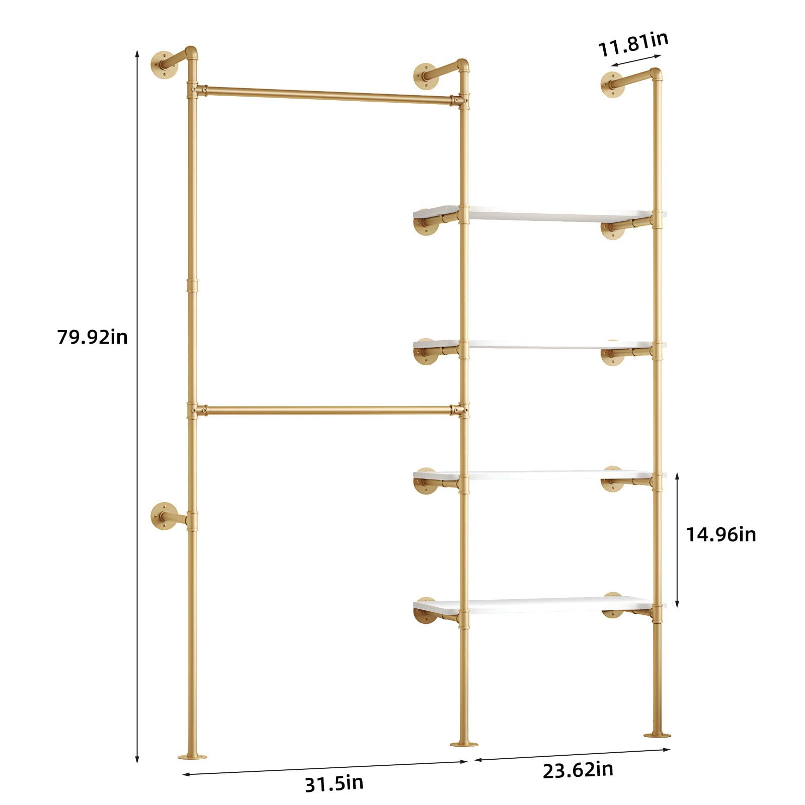 Woskar Industrial Pipe Clothing Rack, Hanging Rods Clothes Rack with Shelves, Clothes Rack for Wardrobe, Corner Closet System for Walk in Closets (Gold, II-4Tier)