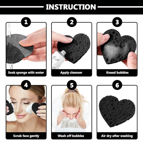 Nuenen 60 Pieces Facial Sponges with Container, Heart Shape Compressed Face Sponges Natural Cleaning Pads for Washing Face Cleaning Exfoliating Esthetician Makeup Removal(Black)