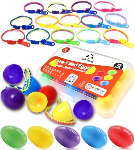 UpBrands 15 Toy Zipper Bracelets in Easter Eggs - Vibrant Pre-filled Easter Eggs with Toys inside for Boys & Girls - Perfect Basket Stuffers, Egg Hunt Prizes, and Birthday Party Favors for Kids