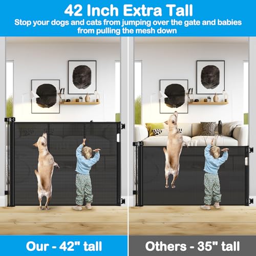 Reinforced 42 Inch Extra Tall Retractable Dog Gate with Reinforced Strips Retractable Baby Gates Extra Tall Dog Gate Outdoor Retractable Gate Extra Tall Pet Gate Tall Retractable Gates for Dogs Indoor