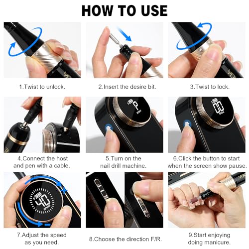 YOKE FELLOW Nail Drill Professional - Electric Nail Drill Machine for Acrylic Nail Kit with Nail Dust Brush for Manicure Pedicure 40000RPM Rechargeable Nail Drill Gift Set for Women