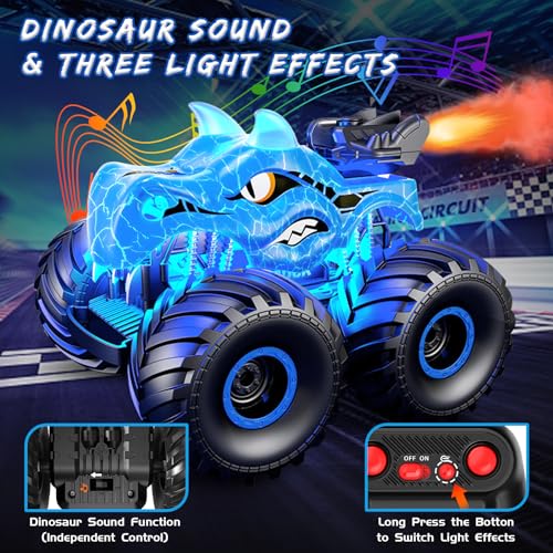Scientoy Remote Control Car, 360° Rotating RC cars for boys 4-7 with Spray, Light & Sound, 2.4 GHz All Terrain Monster trucks, Dinosaur Toys for Kids 3 4 5 6 7 8 with 2 Batteries, Gifts for Boys Girls