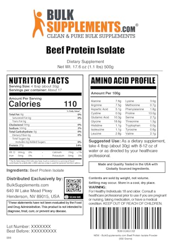 BulkSupplements.com Beef Protein Isolate Powder - Lactose Free Protein Powder, Beef Protein Powder - Unflavored & Gluten Free, 30g per Serving, 500g (1.1 lbs) (Pack of 1)