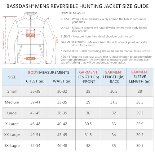 BASSDASH Men’s Reversible Insulated Hunting Jacket Lightweight Silent Water Resistant Windproof Camo Fishing Winter Coat