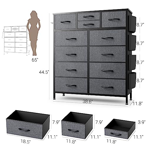 Black Dresser for Bedroom, Dresser & Chest of Drawers w/Side Pockets and Hooks, 12 Drawers Fabric Dresser Organizer, Closet Dresser Storage Modern PU Finish for Kids Room, Hallway, Entryway