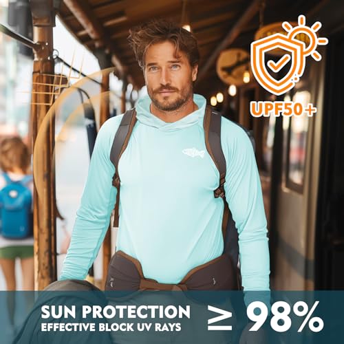 Riverruns UPF 50+ Men's Sun Protection Hoodie, Cooling Quick Dry Hooded Shirt Rash Guards Long Sleeve with Zippered Pockets (Black,S)