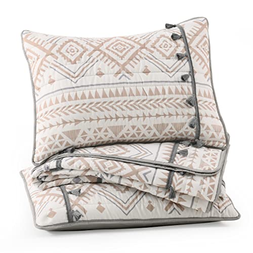 HORIMOTE HOME Boho Style Beige Twin Quilt Set with Tassle, Soft and Lightweight Bedspread for All Season, Twin Size Bed Coverlet with 1 Matching Pillow Sham (2 Pieces)