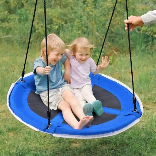 Trekassy 700lbs 40” Saucer Tree Swing with LED Lights for Kids Adults Outdoor 2 Tree Hanging Straps-Blue