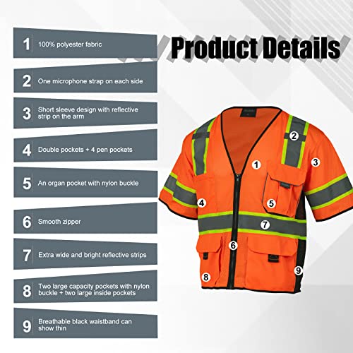 Sicalobo High Visibility Vest with Pockets Zipper for Men Women Construction Vest with Reflective Strips,Orange,L