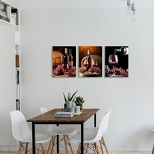 QIXIANG Kitchen Canvas Wall Art 3 PCS Romantic Blue Wine Grape Rose Flowers Eiffel Tower Pictures Prints for Restaurant Bar Decor Framed (Blue, 11.00" x 14.00" x3Pcs)