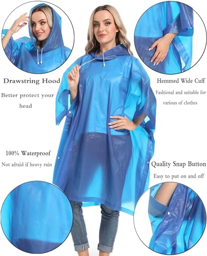 HOOMBOOM Reusable Rain Ponchos with Drawstring Hood for Adults, Waterproof Thicken Rain Coat, 2 Packs