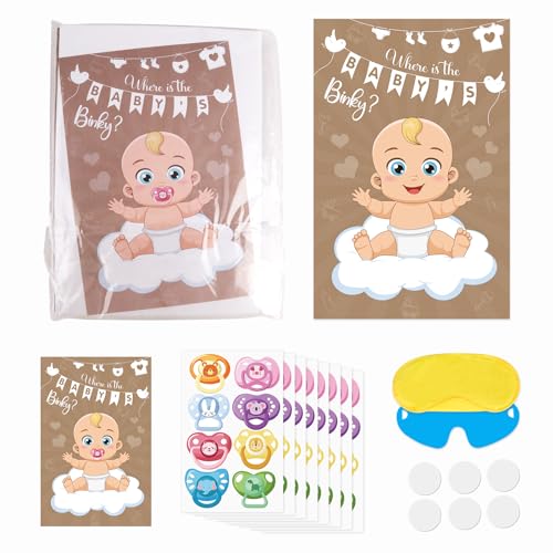 Atiloy Pin The Pacifier On The Baby Game - Baby Pacifier Games Poster with 64 Pacifier Stickers for Baby Shower Party Favors, Boys and Girls Kids Birthday Party Supplies