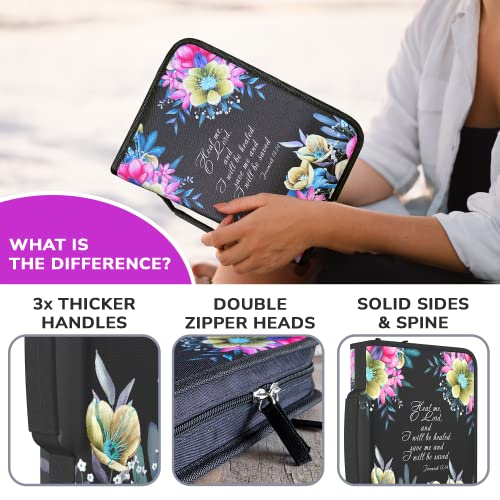 DEHITE Bible Cover Case for Women – Bible Carrying Bag Large Medium Size – | Fits Book 10.1 x 7 x 1.9 IN | Pen Slots | Zippered Pocket | Premium Fabric – Black Floral Bible Accessories Christian Gifts