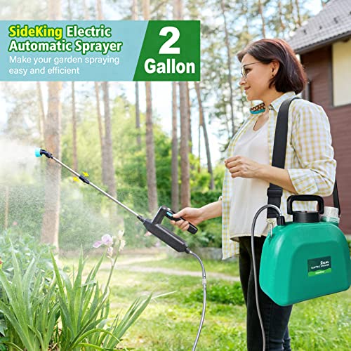 SideKing Battery Powered Sprayer 2 Gallon, Upgrade Powerful Electric Sprayer with 3 Mist Nozzles, Retractable Wand, Rechargeable Handle, Garden Sprayer with Adjustable Shoulder Strap for Lawn & Garden