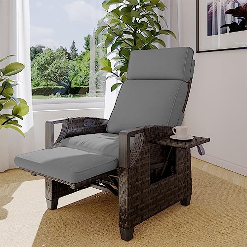 Grand patio Outdoor Recliner with Independent Adjustable Back and Footrest, Air Pump 150° Lay Flat Reclining Chair Removable Olefin Cushion Flip-Up Table Wicker Grey 1PC