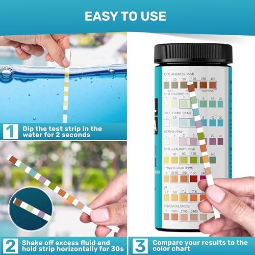Hot Tub and Pool Test Strips - 6in1 Quick & Accurate Hot Tub, Spa, Pool Test Strips - 100 Water Test Strips, Water Test Kit with E-Book - Test Chlorine, Bromine, pH, Hardness, Alkalinity - JNW Direct