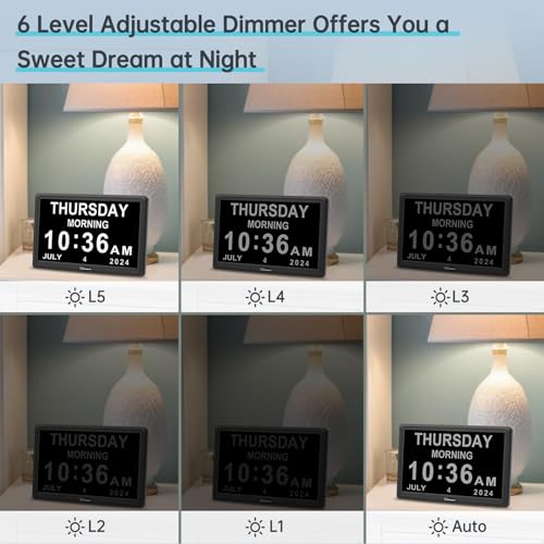 Soobest Digital Dementia Day Clock for Seniors with 12 Alarms โ Multiple Reminders for Elderly Large Display Calendar Desk Clock with Date for Gift for Alzheimer Bedroom Desk Shelf Adapter Included