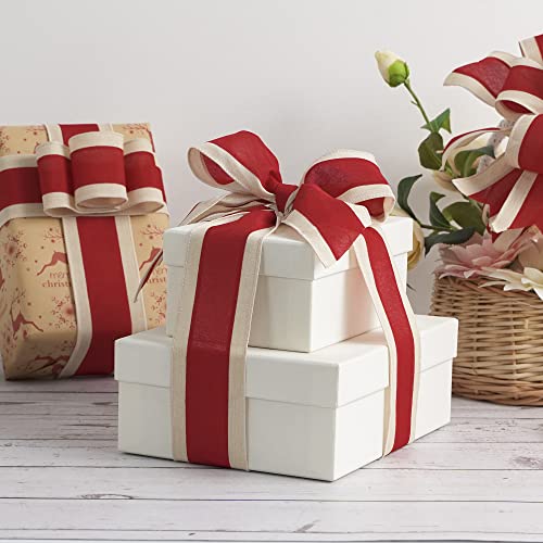 MEEDEE Red And White Striped Ribbon Red And White Wired Ribbon 2.5 Inch Red Fabric Ribbon With Ivory Stripe Edge Red Stripes Wired Ribbon For Wreath Christmas Tree Garland Topper Bow Making (10 Yards)