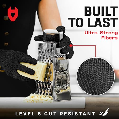 NoCry Cut Resistant Work Gloves for Women and Men, with Reinforced Fingers; Comfortable, 100% Food Grade Kitchen Cooking Gloves; Ambidextrous Safety Cutting Gloves; Level 5 Protection; Black
