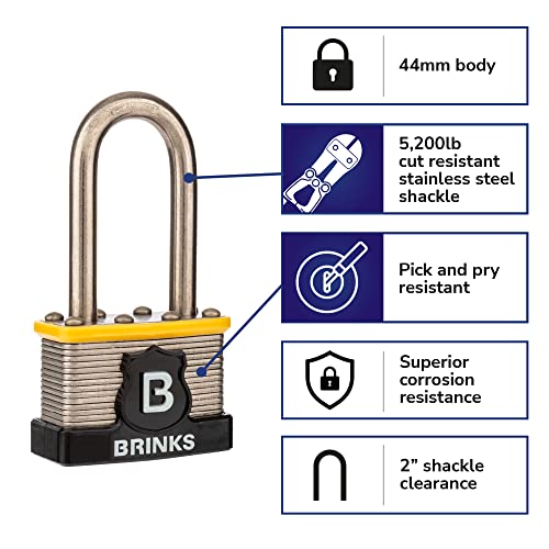 BRINKS - 44mm Commercial Laminated Steel Keyed and Warded Padlock with 2” Shackle - Hardened Stainless Steel Shackle with Steel Locking Bars
