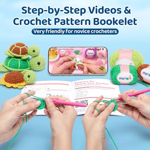 Mewaii Crochet Kit for Beginners, Crochet Animal Kit with Step-by-Step Video Tutorial, Learn to Crochet Starter Kit with 40%+ Tape Yarn, DIY Crochet Gifts for Kids Adults (Three Pack Turtles)