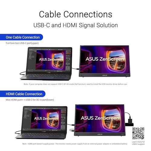 ASUS ZenScreen Touch 16” USB-C Portable Monitor (MB16AMTR) - Full HD, IPS, Built-in Battery, Kickstand, Tripod Socket, Eye Care, Compatible with Laptops, Smartphones and Game Consoles, 3 yr Warranty