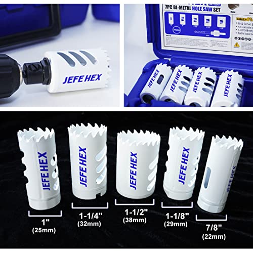 JEFE HEX Bi-Metal Hole Saw Kit, 7-Piece Hole Saw Set 7/8",1",1-1/8",1-1/4" and 1-1/2" Hole Saw with Mandrels for Metal, Wood, Plastic, PVC and Drywall