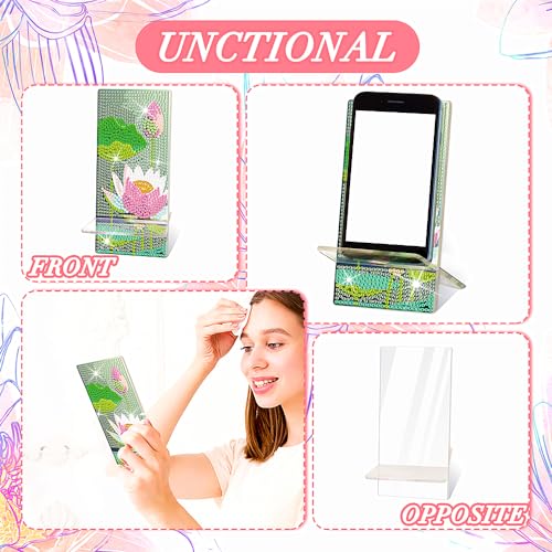 NUFTVI Diamond Painting Phone Holder Kits, 5D Full Crystal Diamond Art & Mirror Craft Kits Gift for Adult, Tabletop Decoration (2 Pack, Lotus/Lily)