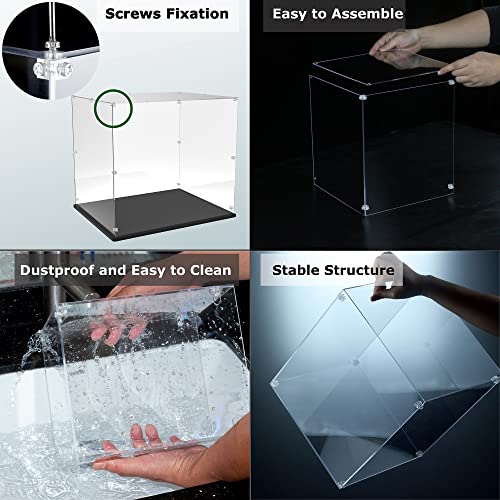 Gemutlich Acrylic Display Case 8x8x12 inch - 3mm Thick Acrylic Display Box with Black Wooden Base, Assemble Dustproof Showcase Clear Display Case for Collectibles Figures Lego Helmet Doll Toys Models