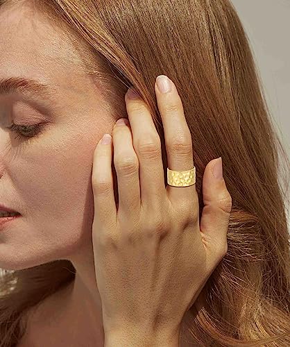 RLMOON 18K Gold or Silver Plated Wide Band Rings 12MM Thumb Ring for Women Men Thick Simple Plain Band Ring High Polished Comfort Fit Size 6-11 (Gold Hammered Ring, 7)