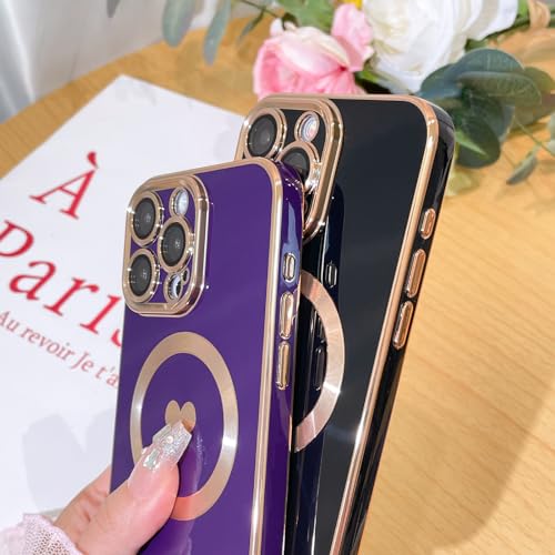 Bonoma Magnetic Case for iPhone 15 Pro Max Compatible with MagSafe, Cute Love Heart Luxury Plating Back Cover with Edge Elegant Aesthetic Hearts Pattern Phone Case-Black