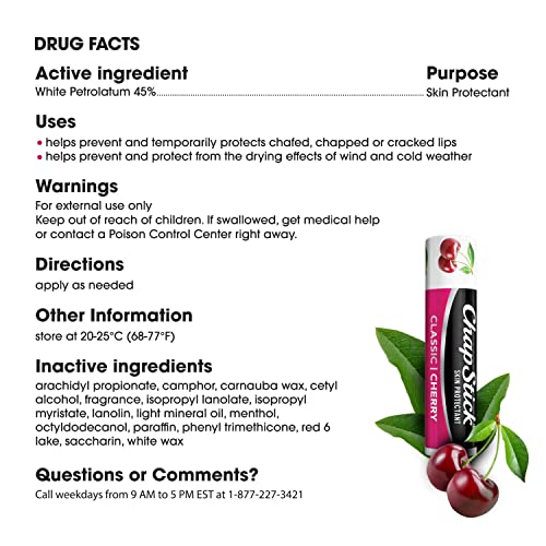 ChapStick Classic Cherry Lip Balm Tube, Flavored Lip Balm for Lip Care on Chafed, Chapped or Cracked Lips - 0.15 Oz (Pack of 12)