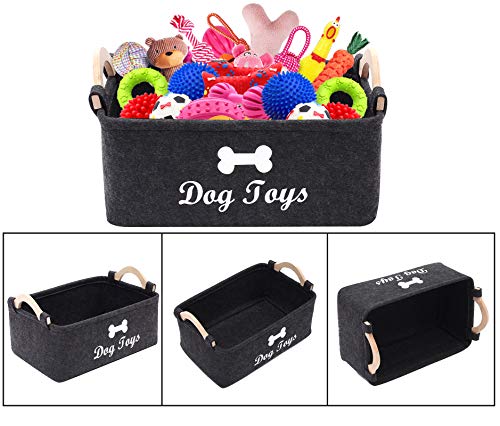 Geyecete Dog Toys Storage Bins - with Wooden Handle, Collapsible Pet Supplies Storage Basket Pet Supplies Storage Basket/Bin Kids Toy Chest Storage Trunk (Dark Grey)