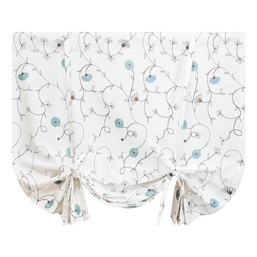 VOGOL Linen Textured Window Shade, Country Style Tie Up Flower Embroidered Drapes & Curtains, 1 Panel Light Filtering Solid Treatment for Nursery Cafe, W45 x L63, Rod Pocket