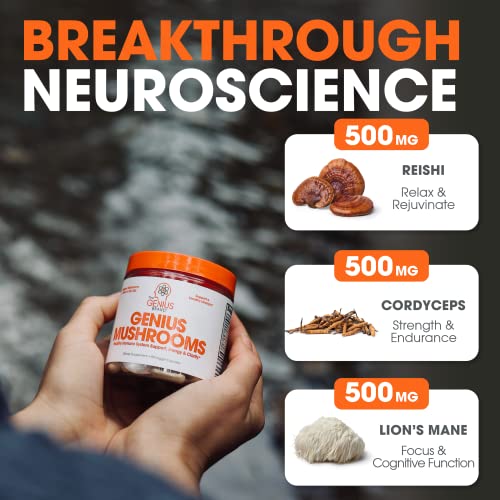 Genius Mushroom Supplement - Lions Mane, Cordyceps, Reishi - Brain Nootropic for Energy, Focus, Overall Wellness, & Immune Support, - 90 Veggie Pills