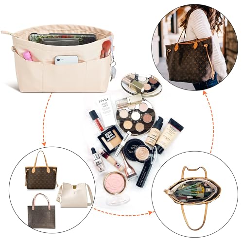 Vercord Premium Nylon Purse Organizer Tote Handbag Insert Organizers Bag in Bag Zipper 13 Pockets Beige Small