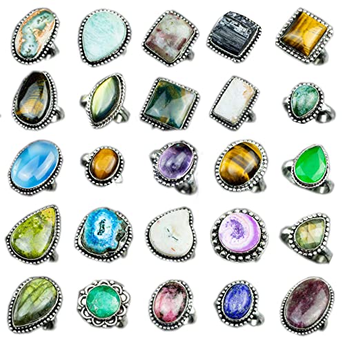 Carats Chunky Silver Rings Pack for Women - 10 Pcs - Stackable Fashion Ring Set, Silver Plated Statement Knuckle Handmade Gemstone Gothic Vintage Rings for Women