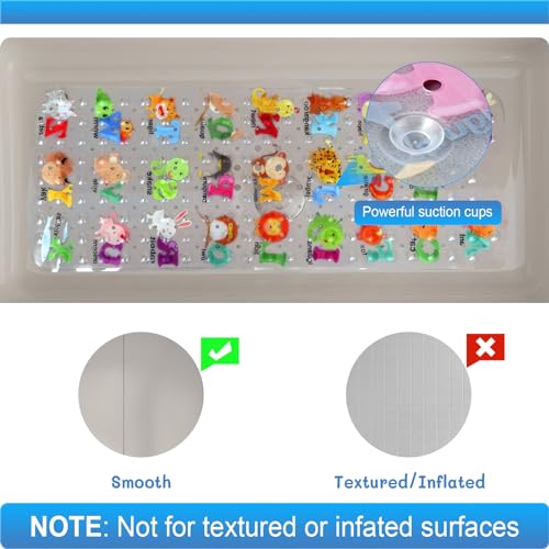 Secopad Baby Bath Mat for Tub for Kids, 40 X 16 Inch Non Slip Cartoon Bath Tub Shower Mat Anti Slip with Drain Holes and Suction Cups Machine Washable, 26 Alphabet and Animals